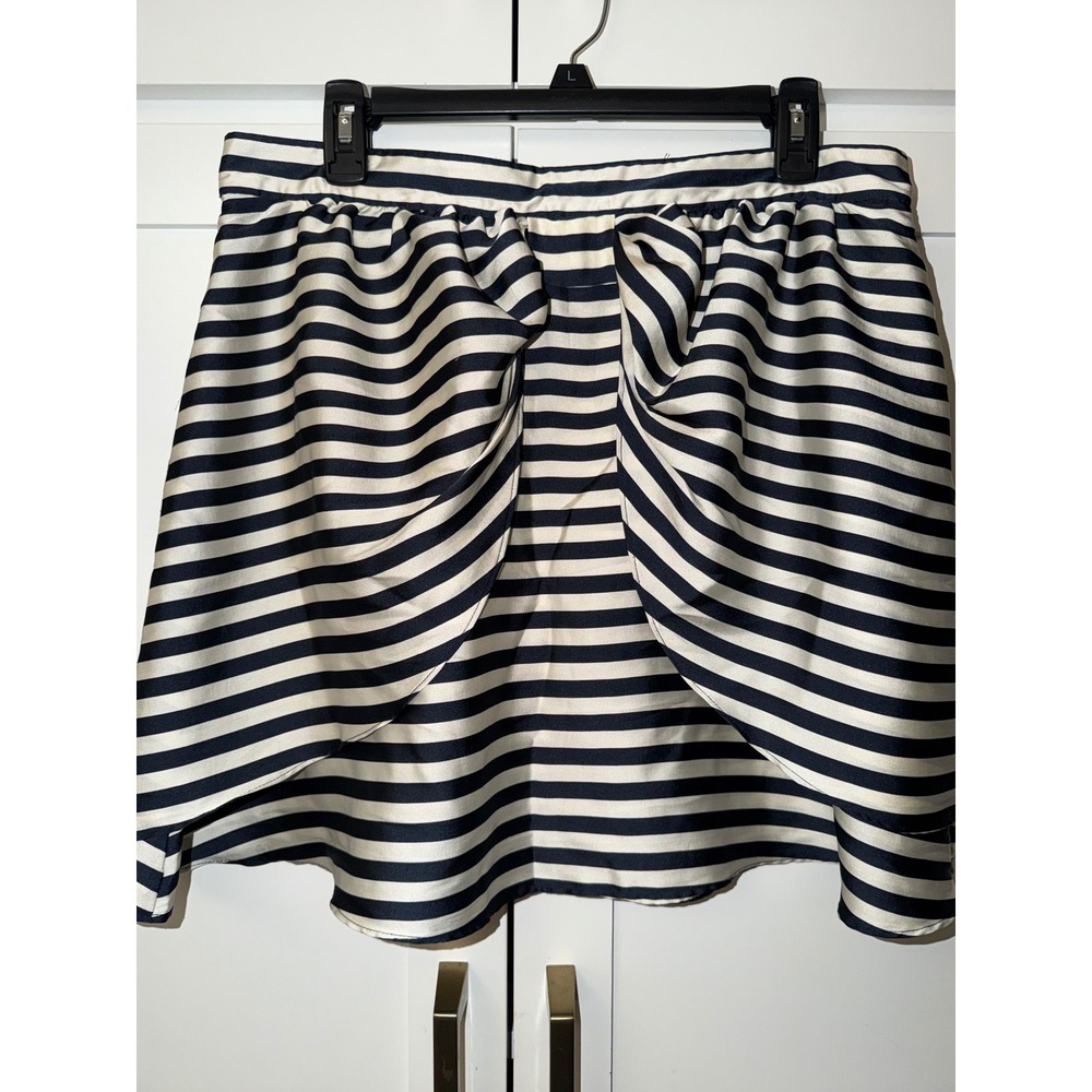 HM Striped Draped Tulip Mini Skirt Navy Blue Cream Satin Finish Size 14